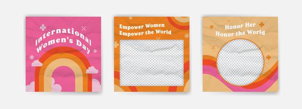 Векторний ретро набір шаблонів повідомлень соціальних мереж для міжнародного жіночого дня. Вінтажна рамка в стилі 90-х. Збірка прапорів для жіночої солідарності та свободи. Дизайн соціальних медіа
. - Вектор, зображення