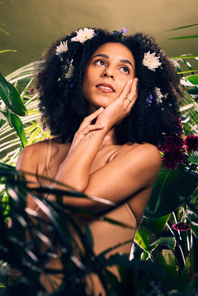 Skincare, black woman and natural cosmetics for dermatology, body care and healthy lifestyle. African American female, lady and nature for grooming, treatment and thinking for focus and smooth skin. - Fotoğraf, Görsel
