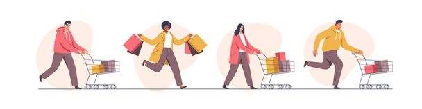People with trolleys full of purchases and gifts. Mans and womans with packages. Buyers have fun doing shopping. Black Friday, seasonal sale, discount coupon. Vector illustration. - Vecteur, image