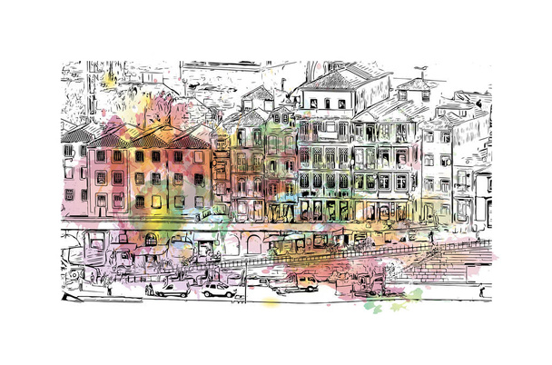 印刷ポルト・ノヴォのランドマークとビルの景色はベナンの首都です。手描きのスケッチイラストと水彩スプラッシュベクトル. - ベクター画像