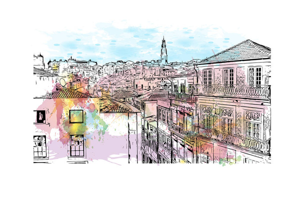 Print Building view with landmark of Porto Novo is the capital of Benin. Watercolor splash with hand drawn sketch illustration in vector. - Vector, Image