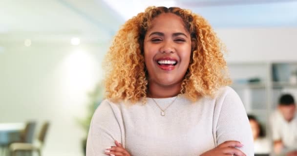 Face, business and black woman arms crossed, smile and manager in modern office, leadership skills and new project. Portrait, female employee and leader with confidence, sales growth and happiness. - Video