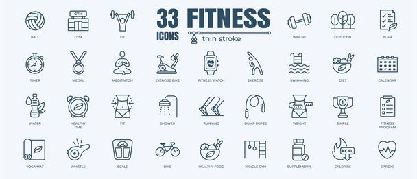 Fitness icon set with editable stroke and white background. Thin line style stock vector. - Vektor, obrázek