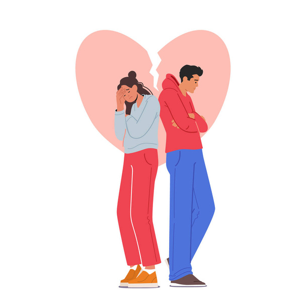 Family Couple In Conflict Relationships, Emotional Turmoil, Misunderstandings Concept with Anxious Male and Female Characters with Broken Heart Stand Back to Back. Cartoon People Vector Illustration - Vector, Image