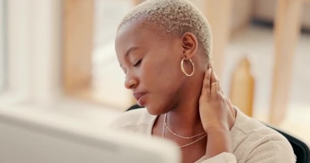 Black woman, business and neck pain with burnout, stress and deadline in modern office, employee and consultant. African American female entrepreneur, lady or management with muscle strain or tension. - Filmati, video