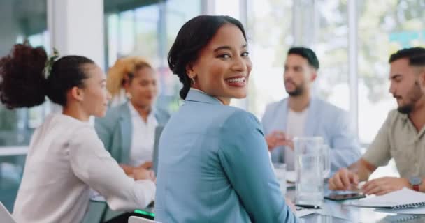 Happy business woman, portrait or collaboration in office meeting, boardroom training or diversity teamwork. Smile, corporate or worker opportunity in global finance company or strategy planning job. - Filmati, video