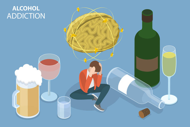 3D izometryczny płaski wektor konceptualny Ilustracja problemu uzależnienia od alkoholu, złe nawyki - Wektor, obraz