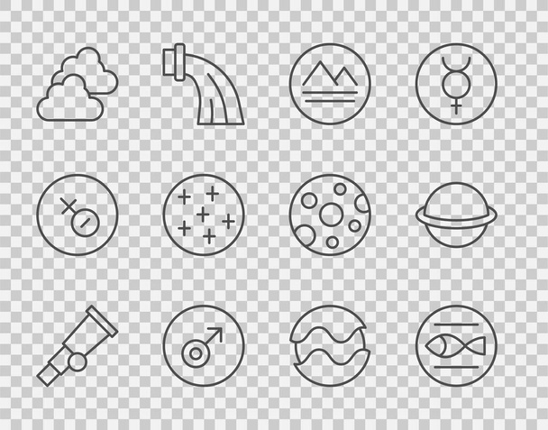 Stel lijn Telescoop, Vissen dierenriem, Aarde-element, Mars symbool, bewolkt weer, Volle maan, Planeet en Saturnus pictogram. Vector - Vector, afbeelding