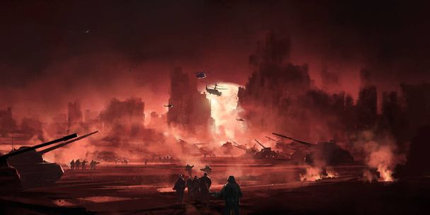 A post-war scene in flames, 3D illustration. - 写真・画像