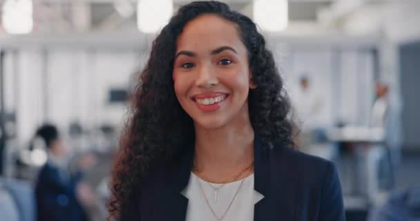 Success, smile and face of black woman for leadership in office with ideas, vision and company goals. Corporate, business and portrait of female worker with confident, mission and target in New York. - Video