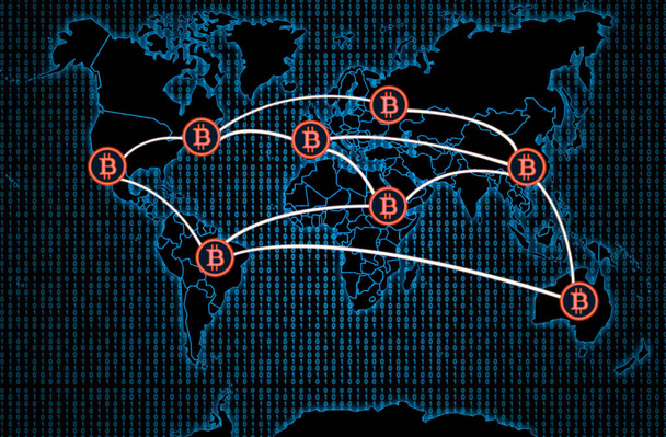 International bitcoin transactions on a dark world map background. - Fotoğraf, Görsel