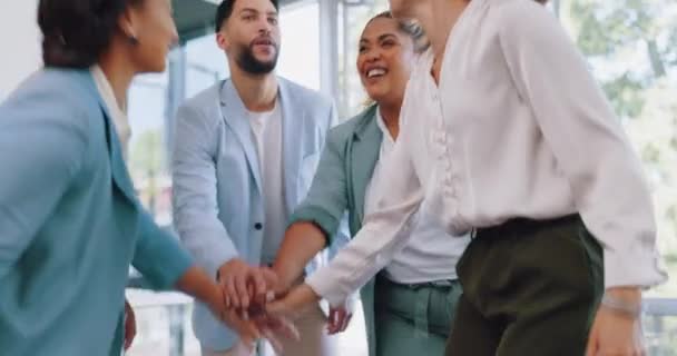 Teamwork, hands together and team building high five for business motivation and collaboration. Diversity men and women for applause for corporate mission, goals and to celebrate winning and support. - Footage, Video