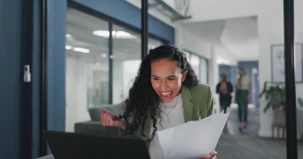 Laptop, documents or excited black woman celebrate financial success, stock market revenue or investment profit. Forex finance economy, throw paperwork or trader trading NFT, bitcoin or online crypto. - Felvétel, videó