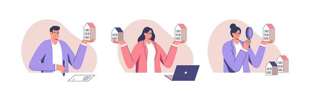 Concept of business in real estate, mortgage, rent. People rent, sale and buy property. Vector illustration. - ベクター画像