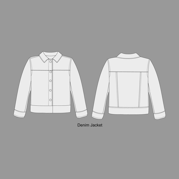 Denim Jacket Set. Storm rider denim jacket technical fashion illustration. Flat apparel front, back, white color. Women, men unisex CAD mockup. Denim Mockup. - Vector, Imagen