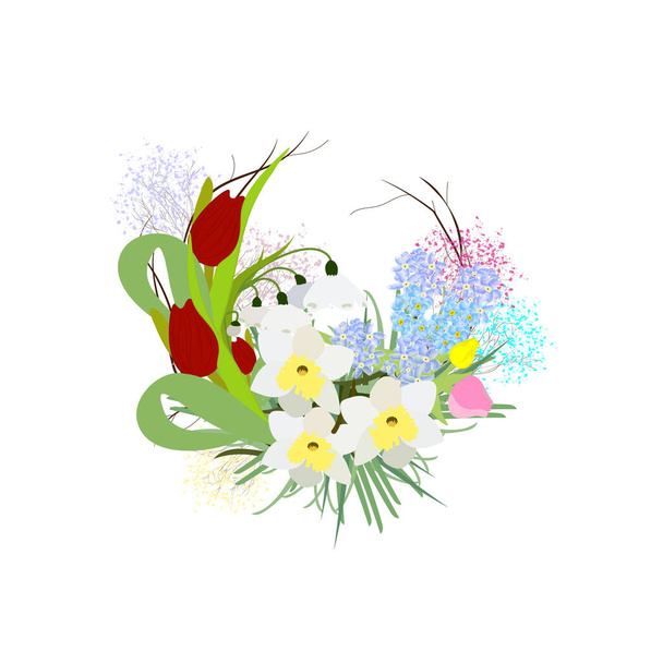 Arranjo kwiatowy sobre fundo branco e belas flores de primavera - Wektor, obraz