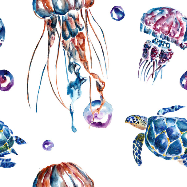 Seamless pattern with jellyfish and turtles. Watercolor illustration. - Foto, Bild