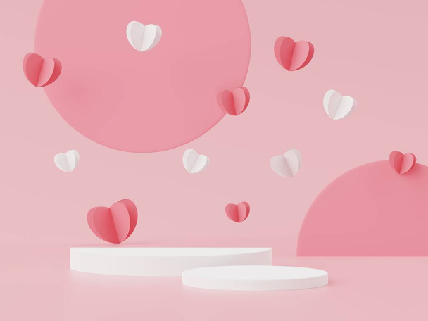 Happy Valentines Day. Minimal sweet love scene with display podium for mock up and product brand presentation. Pink Pedestal stand. Cute lovely heart background. Love day's design style. 3D render. - Fotografie, Obrázek