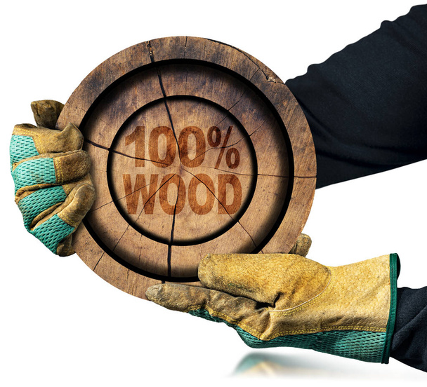 Two hands with protective work gloves holding a cross section of a tree trunk with the short phrase, One Hundred Percent Wood. Isolated on white background with reflections. - Foto, immagini