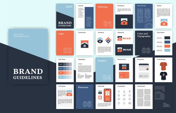 Multicolored Brand Guidelines template. Corporate identity presentation in A4 size. Logo Guideline template. Logo Guide Book. Logotype presentation for construction company. - Vector, afbeelding
