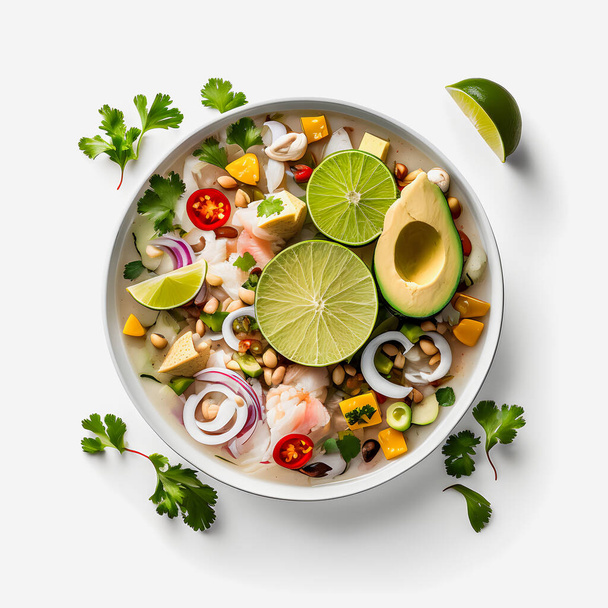 εκθαμβωτική Ceviche σε λευκό φόντο φωτογραφία τροφίμων. Τονίστε τις ζωντανές γεύσεις του αγαπημένου πιάτου της Λατινικής Αμερικής με έναν μινιμαλιστικό και εκλεπτυσμένο τρόπο. Ιδανικό για βιβλία μαγειρικής, food blogs, μενού - Φωτογραφία, εικόνα