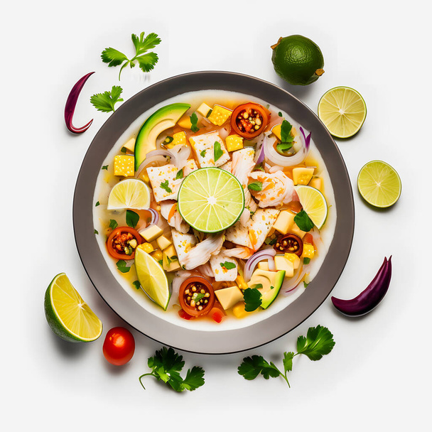εκθαμβωτική Ceviche σε λευκό φόντο φωτογραφία τροφίμων. Τονίστε τις ζωντανές γεύσεις του αγαπημένου πιάτου της Λατινικής Αμερικής με έναν μινιμαλιστικό και εκλεπτυσμένο τρόπο. Ιδανικό για βιβλία μαγειρικής, food blogs, μενού - Φωτογραφία, εικόνα