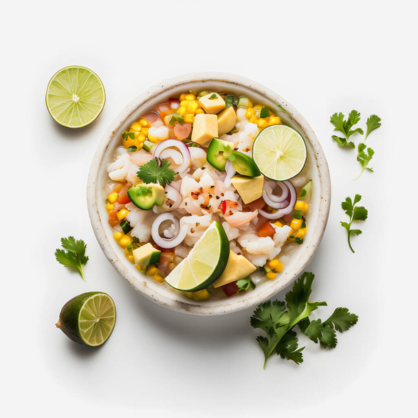 ohromující Ceviche na bílém pozadí fotografie potravin. Zvýrazněte živé chutě milovaného jídla Latinské Ameriky minimalistickým a sofistikovaným způsobem. Ideální pro kuchařky, jídlo blogy, menu - Fotografie, Obrázek
