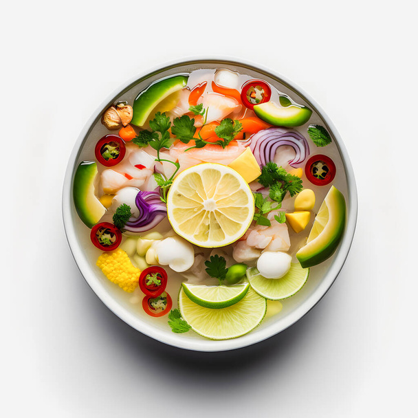 stunning Ceviche on white background food photography. Highlight the vibrant flavors of Latin America's beloved dish in a minimalistic and sophisticated way. Perfect for cookbooks, food blogs, menu - Photo, Image