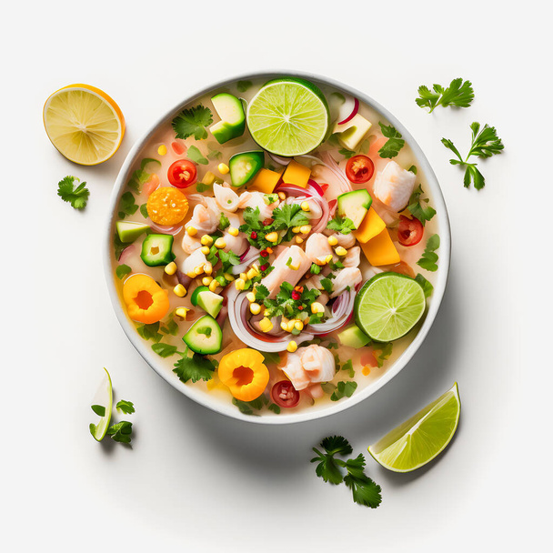 stunning Ceviche on white background food photography. Highlight the vibrant flavors of Latin America's beloved dish in a minimalistic and sophisticated way. Perfect for cookbooks, food blogs, menu - 写真・画像