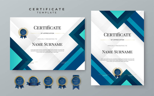 Blue gradient modern certificate template. Blue certificate of achievement template with badge for award, diploma, achievement, business, honor, elegant, document template - Vetor, Imagem