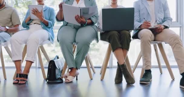 Recruitment, hiring and job interview waiting room with business people preparing for hr meeting. Queue, we are hiring or group sitting together at startup company for employment, job or opportunity. - Footage, Video