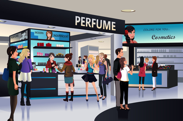 Shoppers winkelen voor cosmetische in een warenhuis - Vector, afbeelding