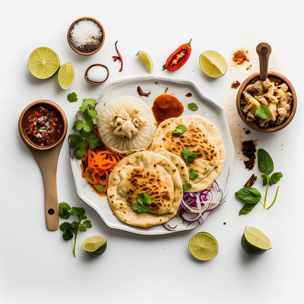 Pupusas on white background food photography. High-quality images capture the traditional flavors and textures of this beloved street food in a modern and sophisticated way. Ideal for cookbooks - Photo, Image