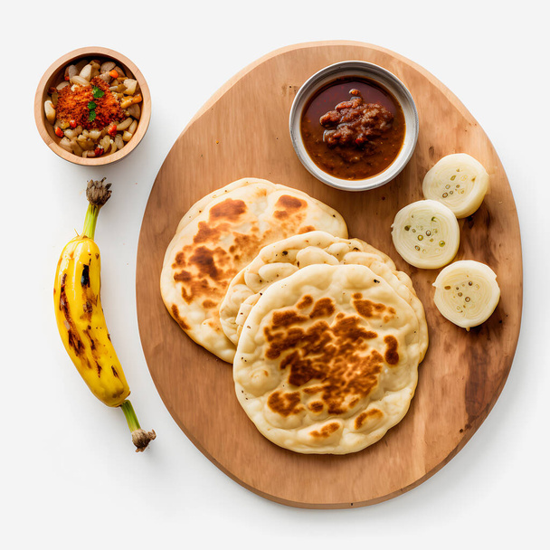 Pupusas on white background food photography. High-quality images capture the traditional flavors and textures of this beloved street food in a modern and sophisticated way. Ideal for cookbooks - 写真・画像