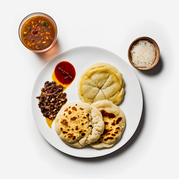 Pupusas on white background food photography. High-quality images capture the traditional flavors and textures of this beloved street food in a modern and sophisticated way. Ideal for cookbooks - 写真・画像