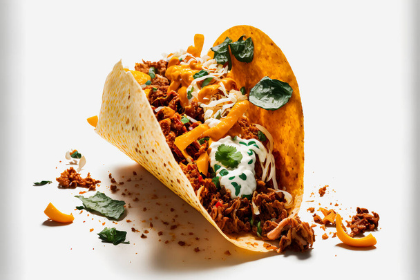 A colorful Tacos al Pastor on white background. Juicy marinated pork, fresh pineapple, and cilantro top a warm corn tortilla. Appealing image perfect for food and drink ads, menu design, and editorial - Fotoğraf, Görsel
