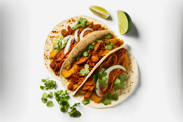 A colorful Tacos al Pastor on white background. Juicy marinated pork, fresh pineapple, and cilantro top a warm corn tortilla. Appealing image perfect for food and drink ads, menu design, and editorial - Photo, Image