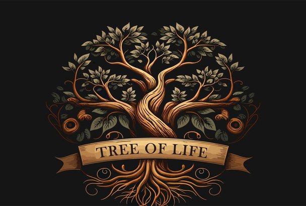 The tree of Life. Life, retro, logo, dark background, spiritual Nordic, abstraction, allegory, flat, detailed, oak, nature. root, branches, leaves. Creativity concept. Vector illustration. - ベクター画像