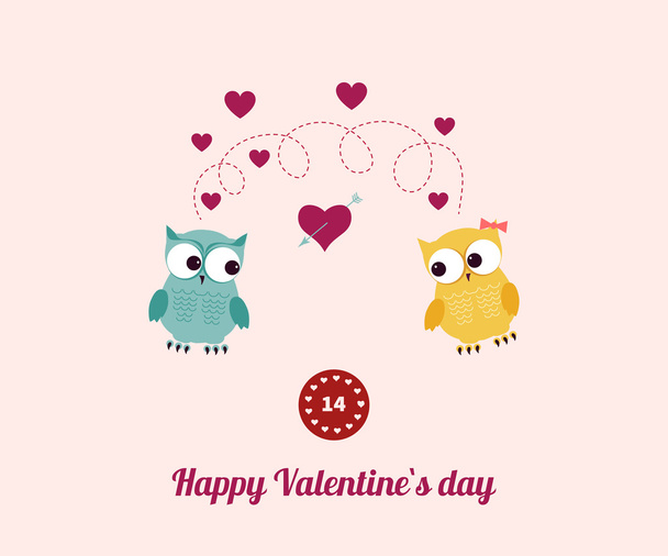 Lovers and happy owls with hearts - Vetor, Imagem