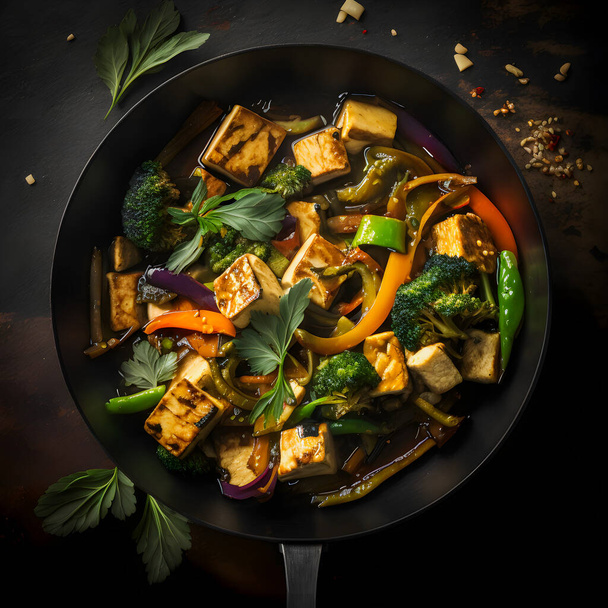 Leckerer Tofu-Rührbraten mit Gemüse, knusprigem Tofu und frischem Koriander. Perfekte vegane Mahlzeit für gesunde Ernährung. Ideal für Foodblogs & Kochbücher. Lassen Sie Ihr Publikum dieses schmackhafte Gericht probieren - Foto, Bild