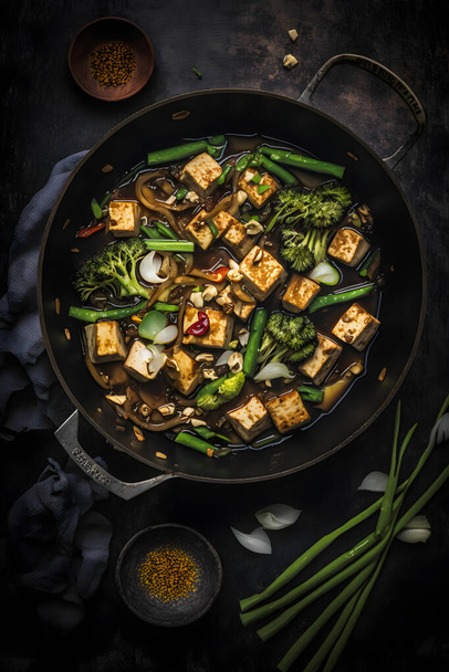 Tasty tofu stir fry with veggies, crispy tofu & fresh cilantro. Perfect vegan meal for healthy eating. Ideal for food blogs & cookbooks. Entice your audience to try this flavorful dish - Fotó, kép