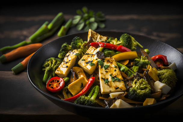 Tasty tofu stir fry with veggies, crispy tofu & fresh cilantro. Perfect vegan meal for healthy eating. Ideal for food blogs & cookbooks. Entice your audience to try this flavorful dish - Photo, Image