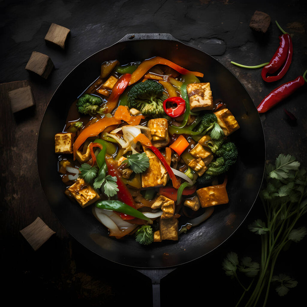 Smaczne tofu mieszać smażyć z warzywami, chrupiące tofu i świeże kolendry. Idealny wegański posiłek dla zdrowego odżywiania. Idealny do blogów kulinarnych i książek kucharskich. Zachęcić publiczność, aby spróbować tego aromatycznego dania - Zdjęcie, obraz