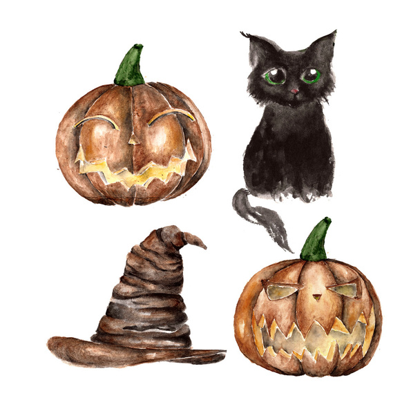 Illustration with black cat and pumpkin - Foto, Imagen