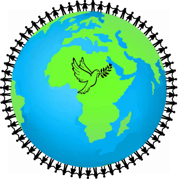 Hommes et femmes qui se tiennent la main autour de la Terre avec logo colombe de la paix - Photo, Image
