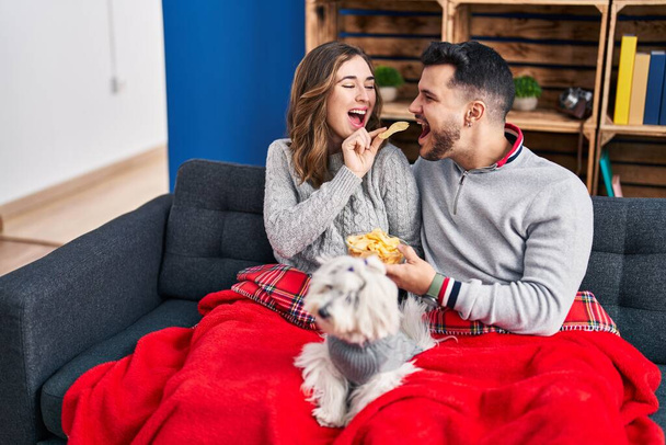 Man and woman eating chips potatoes sitting on sofa with dog at home - Foto, imagen