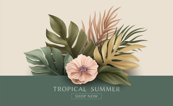 Summer Tropical Palm Leaves. Design of Summer Flyer, Website, Banner, Landing Page. Palm, Monster, Banana Leaf. Vector Illustration EPS10 - Vektor, Bild