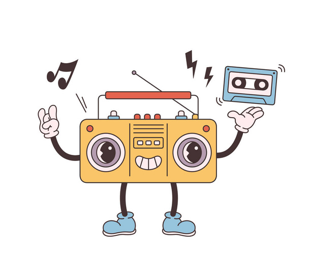 Trendy retro cartoon Radio character. Cassette player. World Radio Day. Groovy style, vintage, 80s, 90s aesthetics. Vector illustration - Vektör, Görsel