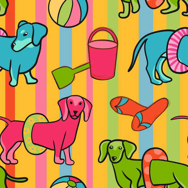 Hand drawn seamless pattern with dachshund dogs pets on summer ocean sea beach. Cute animals with swim ring toys on sand ball shovel relax, flip flops in pink green yellow on striped background - Photo, Image