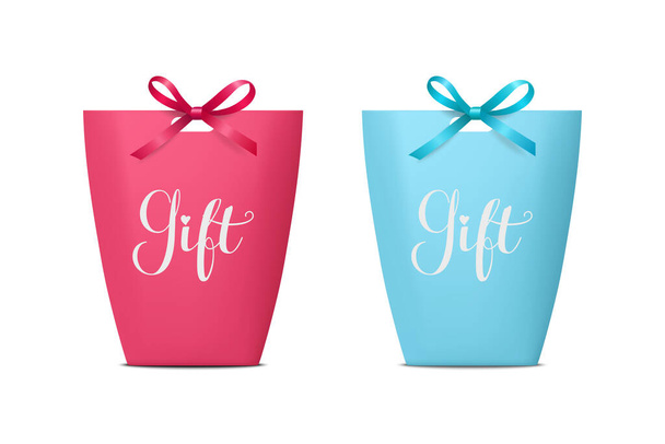 Vector 3d Realistic Pink and Blue n Paper Gift Bag, Box for Birthday or Party with Silk Bow, Ribbon. Carry Bag for Present Icon Set Isolated on White Background. Christmas, Birthday Design Template. - Vektor, obrázek